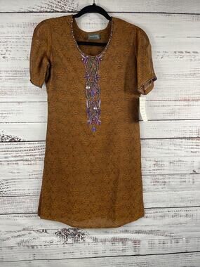 Collections Dress Women's Size Small Brown Jacquard Tunic Beaded Embellished